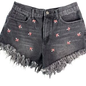 Simple Society Black Denim Mushroom Embroidered Frayed Cutoff Shorts Size 7/28